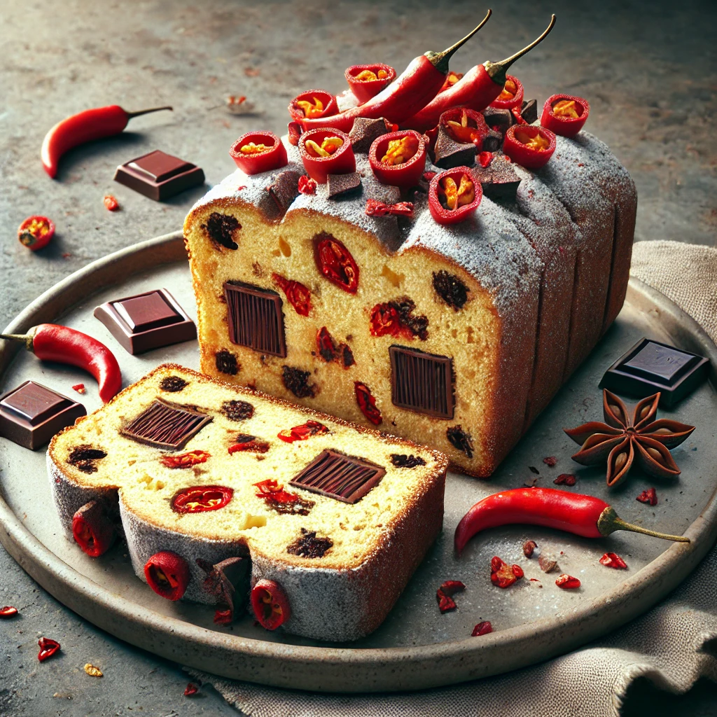 Porcukorral szórt stollen szeletek csokoládéval és csilipaprikával
