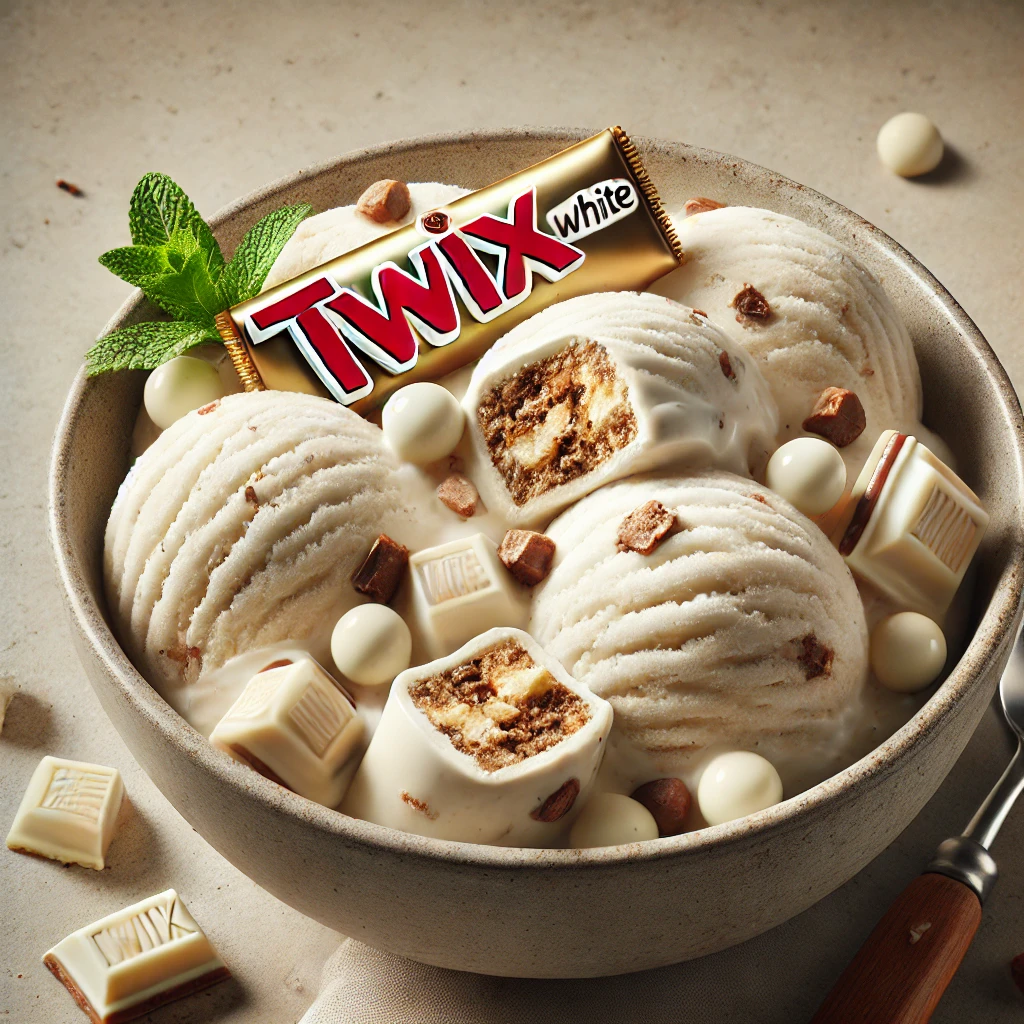 Fehér csokoládés fagylalt Twix White darabokkal és karamellás kekszréteggel