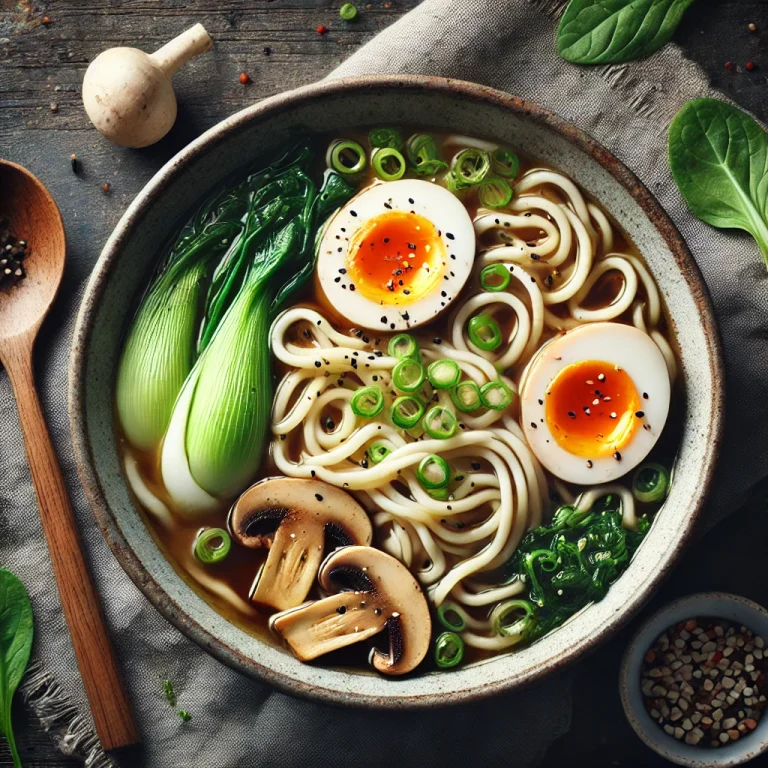 Udon-style Ramen tálalva vastag tésztával és tojással