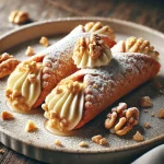 Vaníliakrémes-diós cannoli desszert tálalva