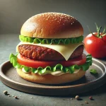 Vegán húsos burger vegán sajttal és friss zöldségekkel tálalva