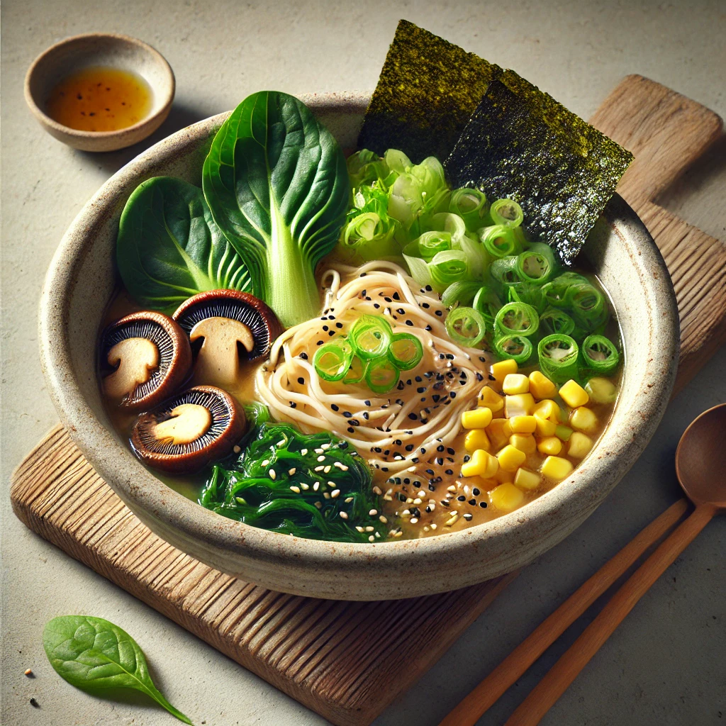Teljesen növényi alapú ramen friss zöldségekkel és misós alaplével