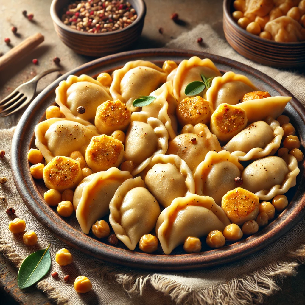 Fűszeres csicseriborsóval töltött, aranybarnára sült vegán dumpling