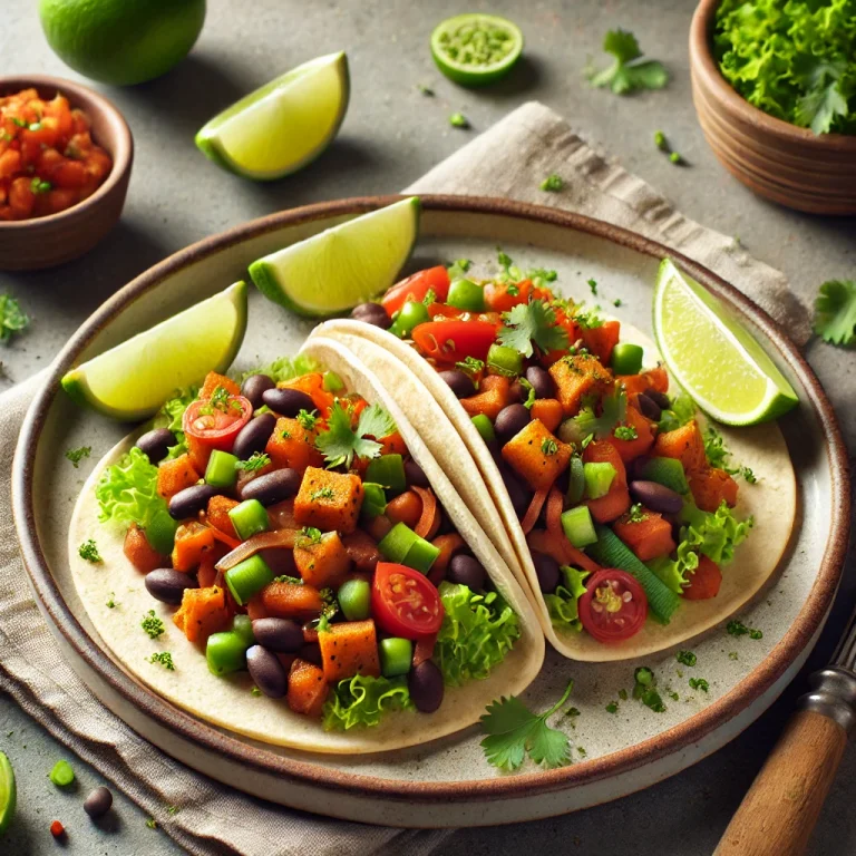Vegán taco kukoricatortillában zöldségekkel és fekete babbal
