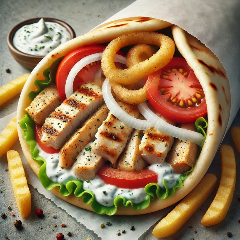 Vegyes gyros pita csirkével, sertéssel, tzatzikivel, paradicsommal, hagymával és sült krumplival