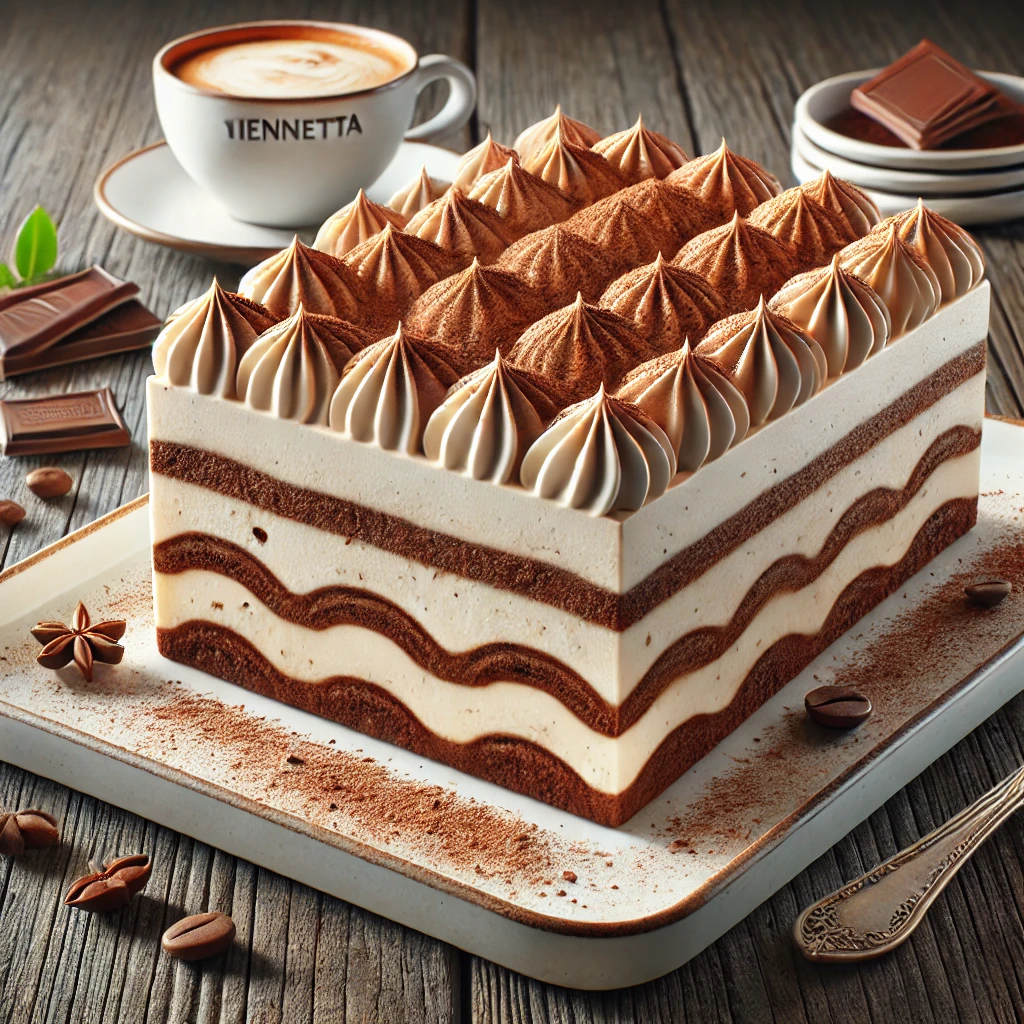 Rétegezett tiramisu ízű jégkrémtorta kakaóporral és étcsokoládéval