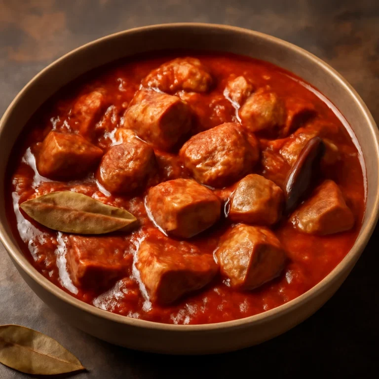 Vindaloo sertéshússal, fűszeres szószban tálalva