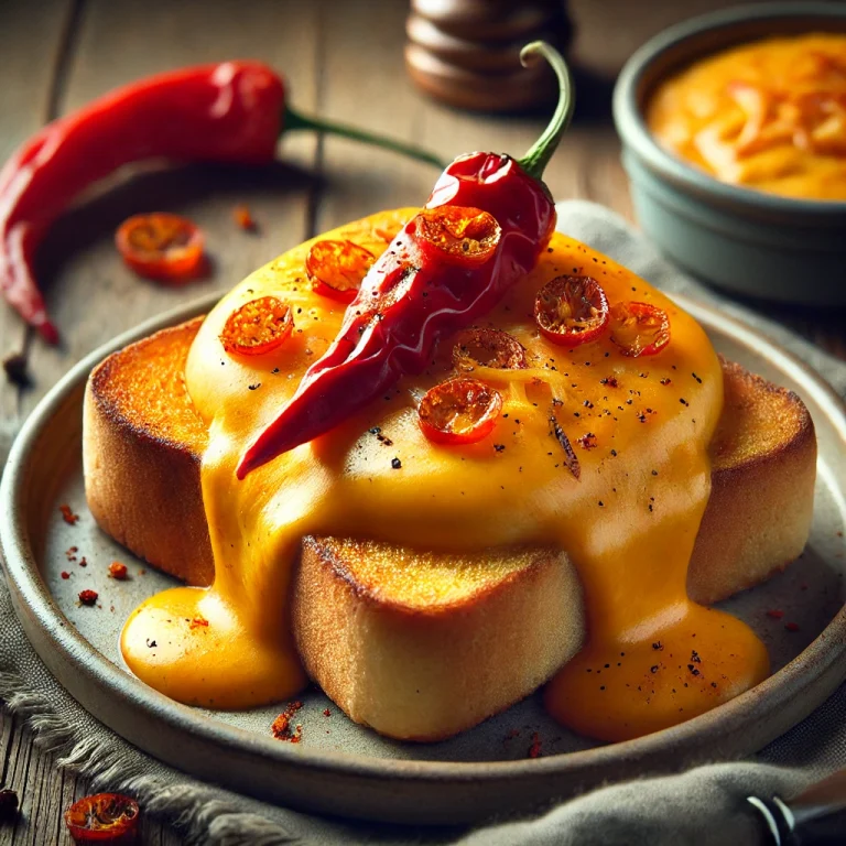 Welsh rarebit paprikával tálalva, sajtos szószban, pirítós kenyér tetején, friss paprikadarabokkal