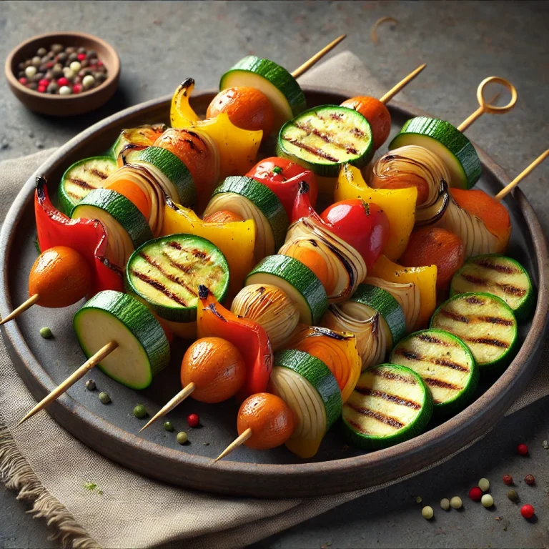 Zöldséges satay, grillezett zöldségek nyársakon, friss zöldségekkel