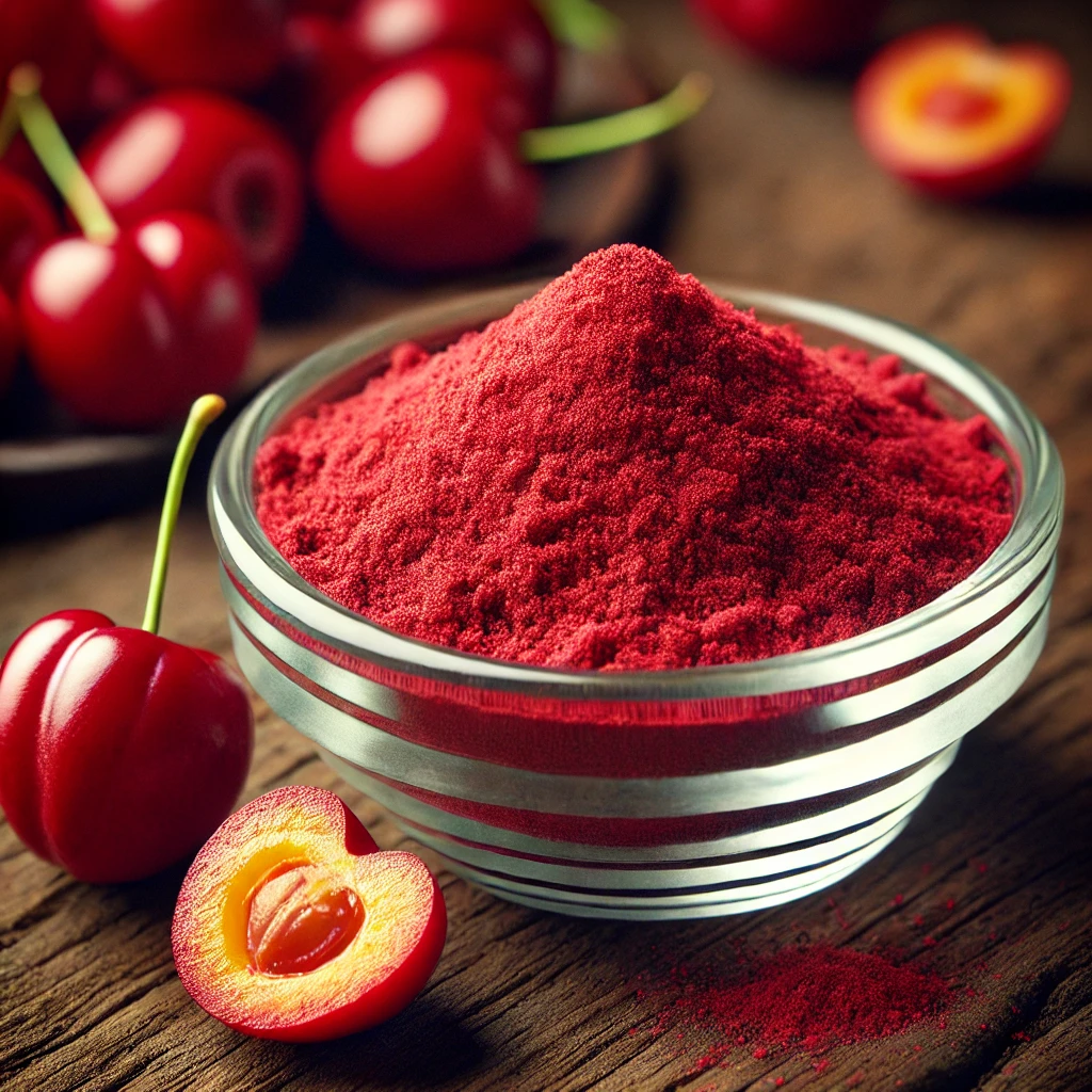A képen acerola por látható, gazdag piros színű, egy kis üvegben, körülötte egész acerola cseresznyék a természetes forrást hangsúlyozva.