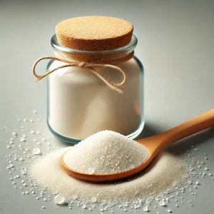 A képen finomszemcsés, világos árnyalatú agar-agar por látható egy kis üvegben és fakanálon, tiszta, világos felületen.