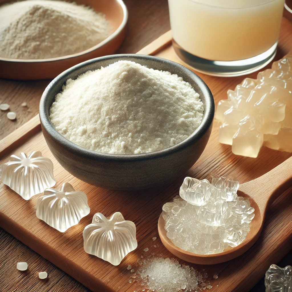 A képen agar por látható egy kis tálban, mellette áttetsző agar pelyhek, valamint egy pohárban elkészült zselé, természetes világításban, fa munkalapon.