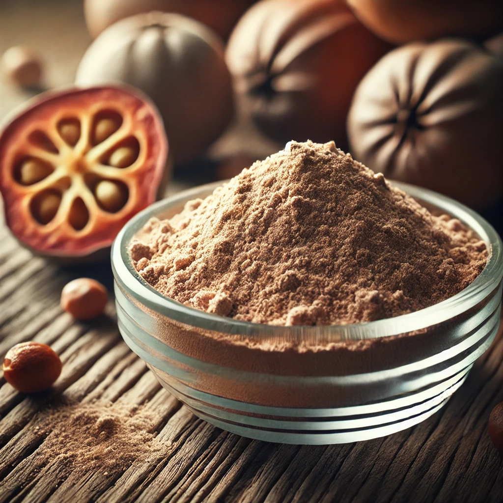 A képen baobab por látható, földes barna színben, egy kis üvegben elhelyezve, körülötte friss baobab gyümölcsök a természetes forrást hangsúlyozva.