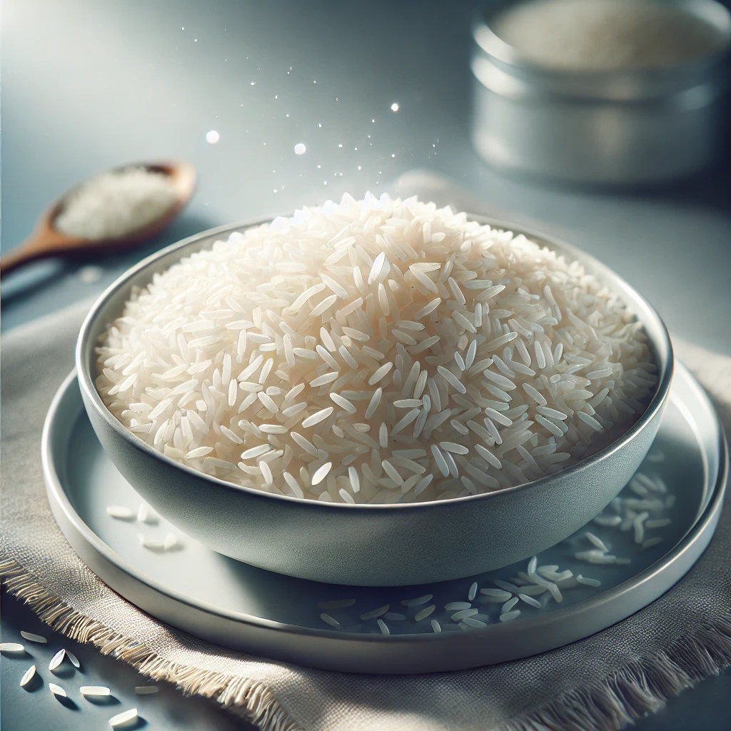 A képen frissen főtt basmati rizs látható, amely apró, különálló szemekből áll, és a rizs finom textúrája kiemelkedik a fény hatására.