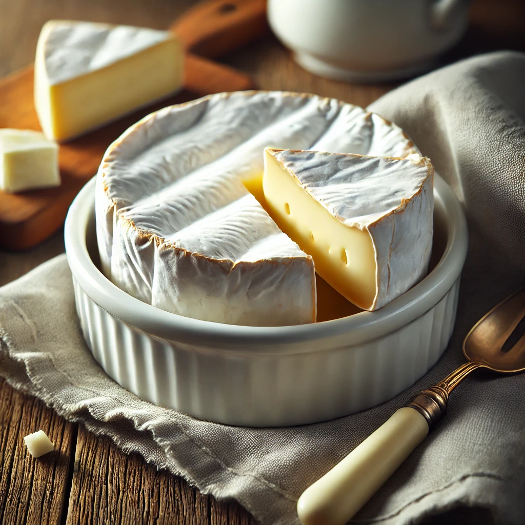 FehÃ©r, krÃ©mes Ã¡llagÃº Brie sajt egy fehÃ©r kerÃ¡mia tÃ¡lban, rusztikus fa asztalon.