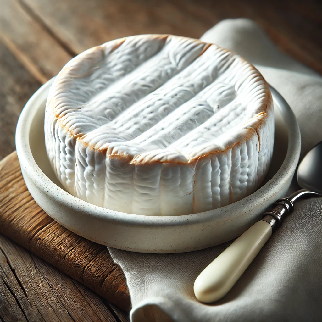 FehÃ©r, krÃ©mes Ã¡llagÃº Camembert sajt egy fehÃ©r kerÃ¡mia tÃ¡lban, rusztikus fa asztalon.
