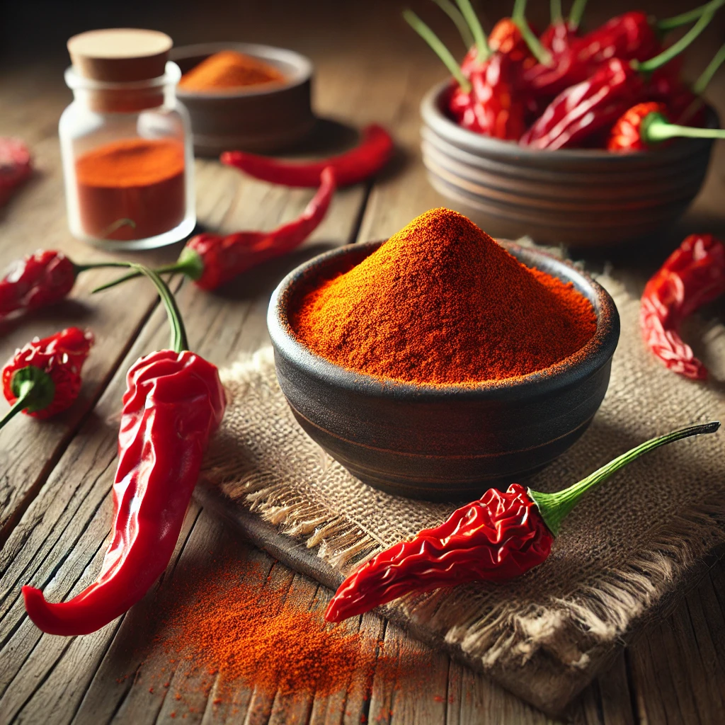 A képen cayenne-bors por látható egy kis tálban, körülötte szárított cayenne chilikkel, fából készült konyhai felületen, természetes fényviszonyokkal.
