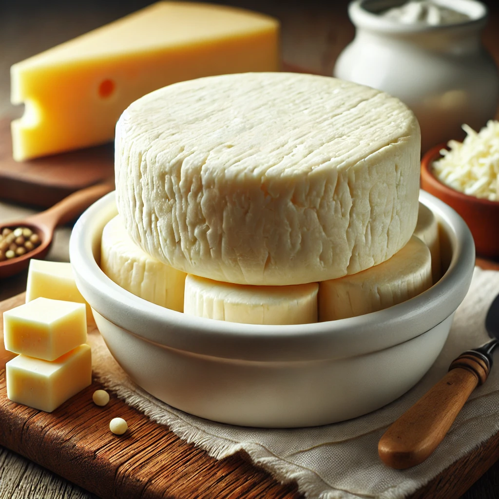 FehÃ©r, morzsÃ¡s Ã¡llagÃº cheddar sajt egy fehÃ©r kerÃ¡mia tÃ¡lban, rusztikus fa asztalon.