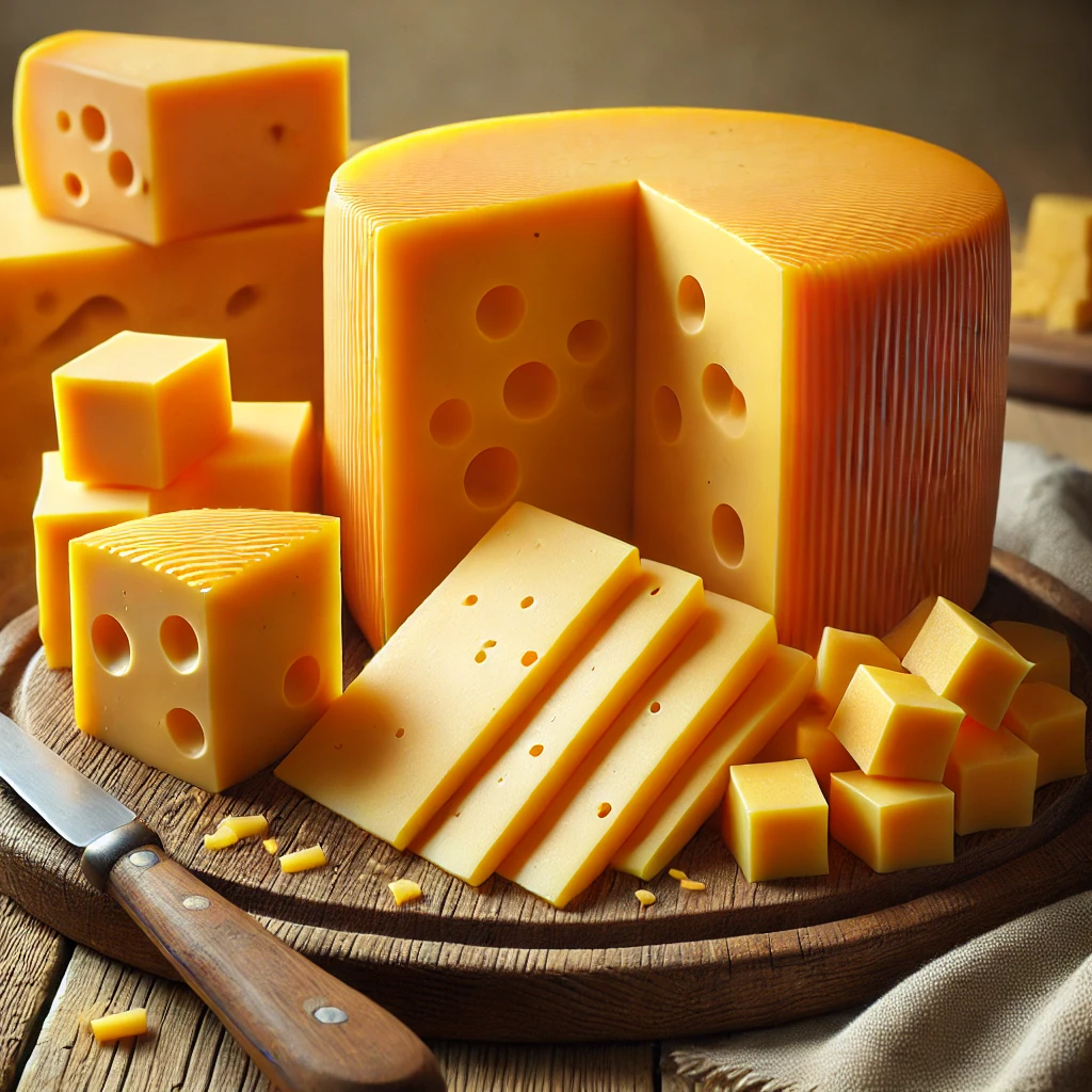 Fotórealisztikus cheddar sajt kockák és szeletek egy fa sajttálalón, meleg tónusú konyhai háttérrel és sajtvágó késsel.