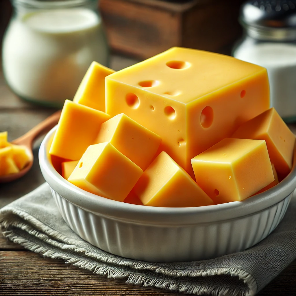 SÃ¡rga, morzsÃ¡s Ã¡llagÃº cheddar sajt egy fehÃ©r kerÃ¡mia tÃ¡lban, rusztikus fa asztalon.
