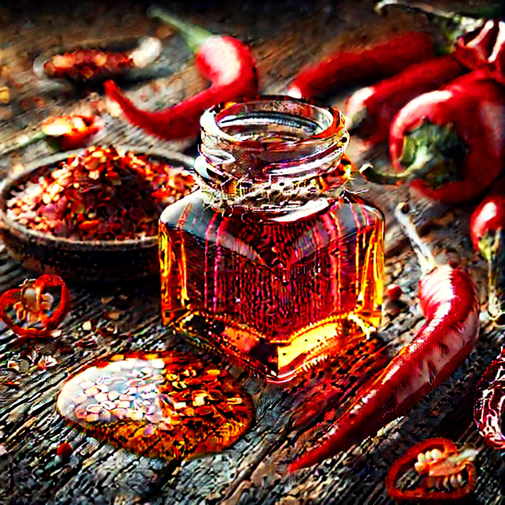 A képen élénkvörös chili olaj látható egy kis üvegben és egy kerámia tálkában, szárított chilipaprikákkal és chilipehelyekkel díszítve.