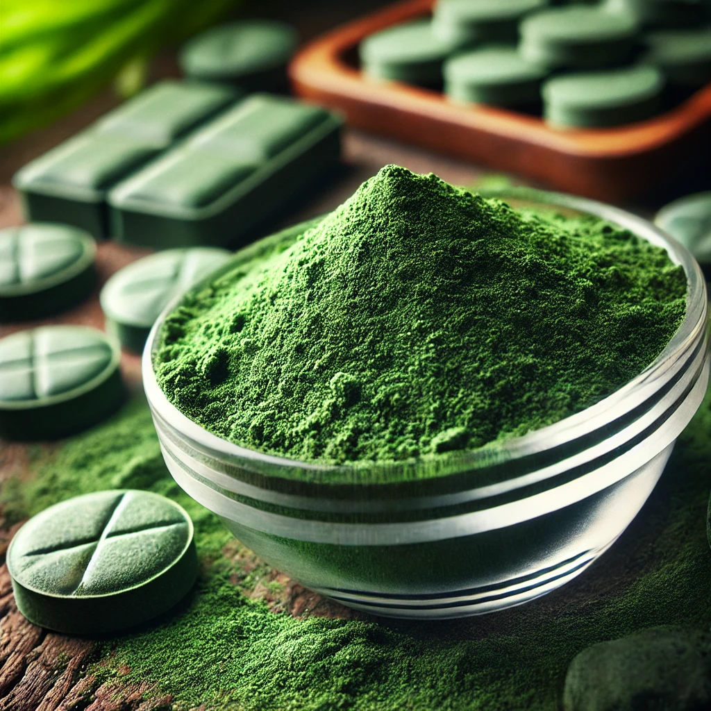 A képen chlorella por látható, gazdag zöld színben, egy kis üvegben elhelyezve, körülötte chlorella tabletták a természetes forrást hangsúlyozva.