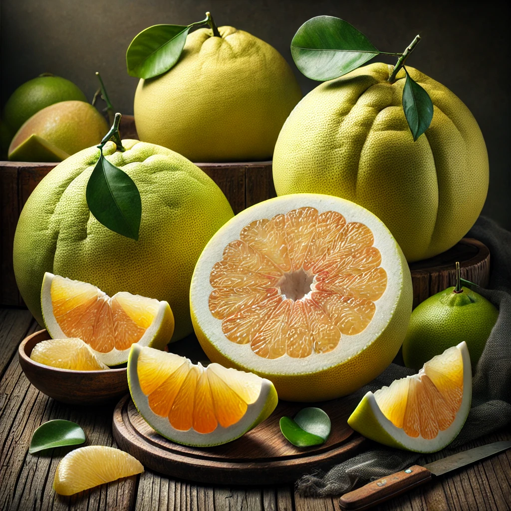 A képen egész és szeletelt citrancs (pomelo) gyümölcsök láthatók világos hússal, vastag héjjal, faasztalon, zöld citruslevelekkel és gyümölcshússal tálalva.