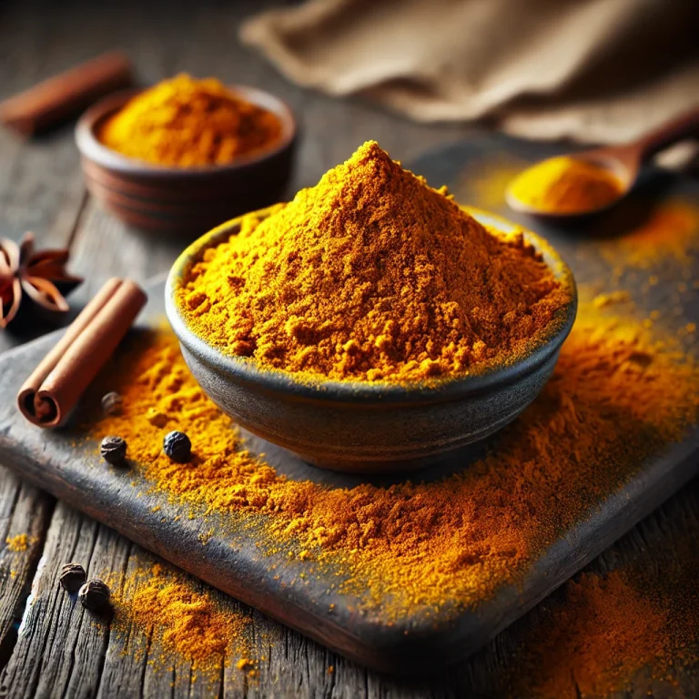 Curry fűszerkeverék szórva rusztikus fapulton, kis tálban
