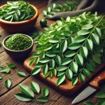 Friss curry levelek fás konyhai felületen, egy részük aprítva tálban