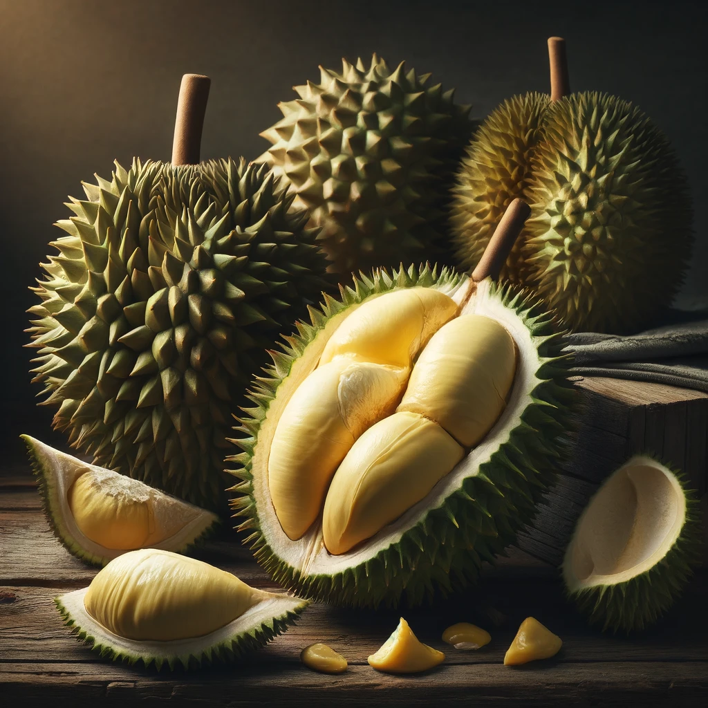 A képen egész és felvágott durian gyümölcsök láthatók vastag, tüskés héjjal és sárgás, krémes belsővel, faasztalon természetes fényben.