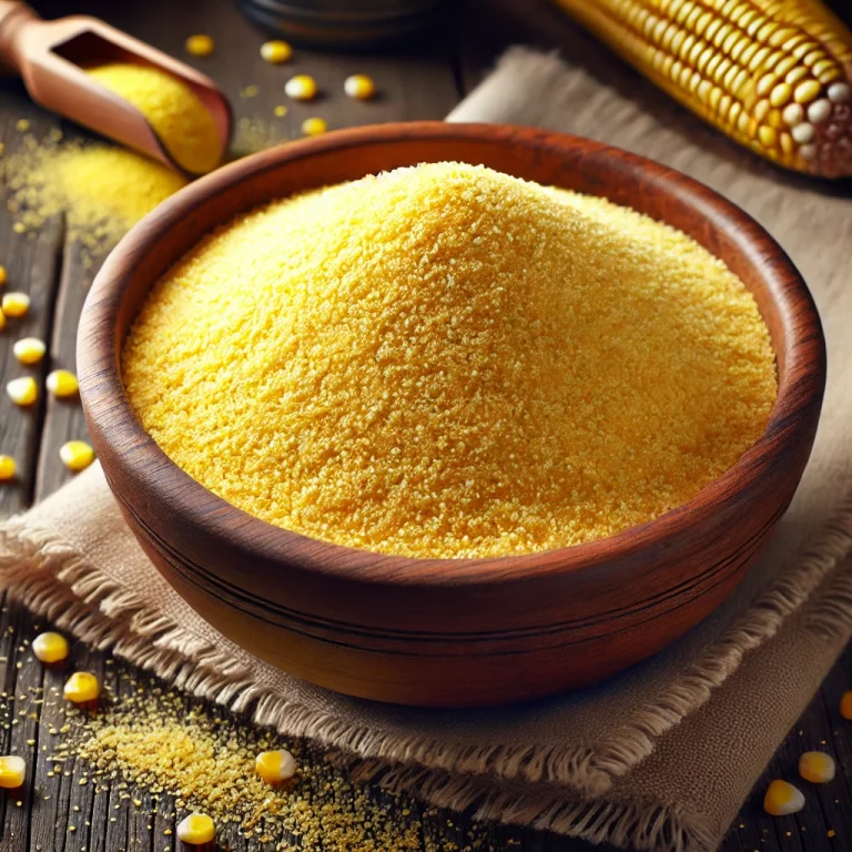 Durva őrlésű, aranysárga kukoricaliszt (polenta) fa tálban és szórtan a felületen