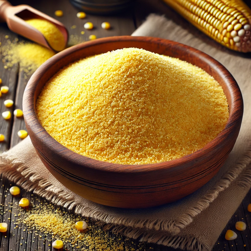 A képen durva szemcséjű, nyers kukoricaliszt (polenta) látható egy fa tálban, némi liszttel szétszórva a rusztikus konyhai felületen.