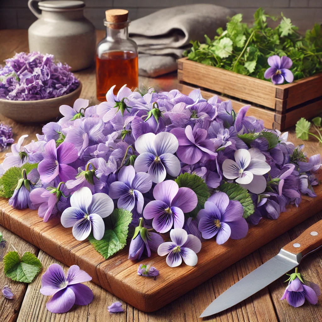 A képen megtisztított ibolya virágok (Viola odorata) láthatók egy fa vágódeszkán, részben szirmokra szedve, konyhai környezetben.