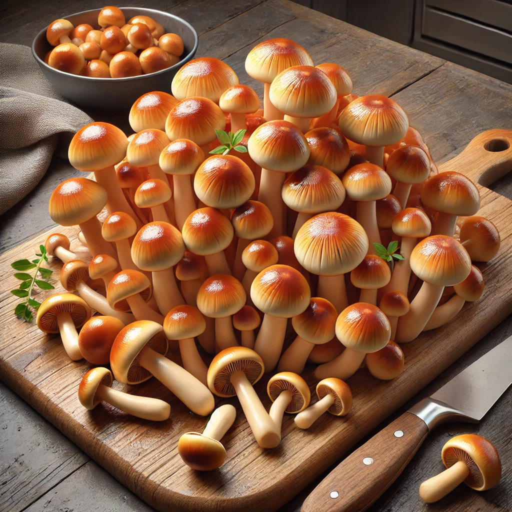A képen megtisztított, nyálkás felületű, borostyánszínű nameko gombák (Pholiota nameko) láthatók konyhai előkészítés után.