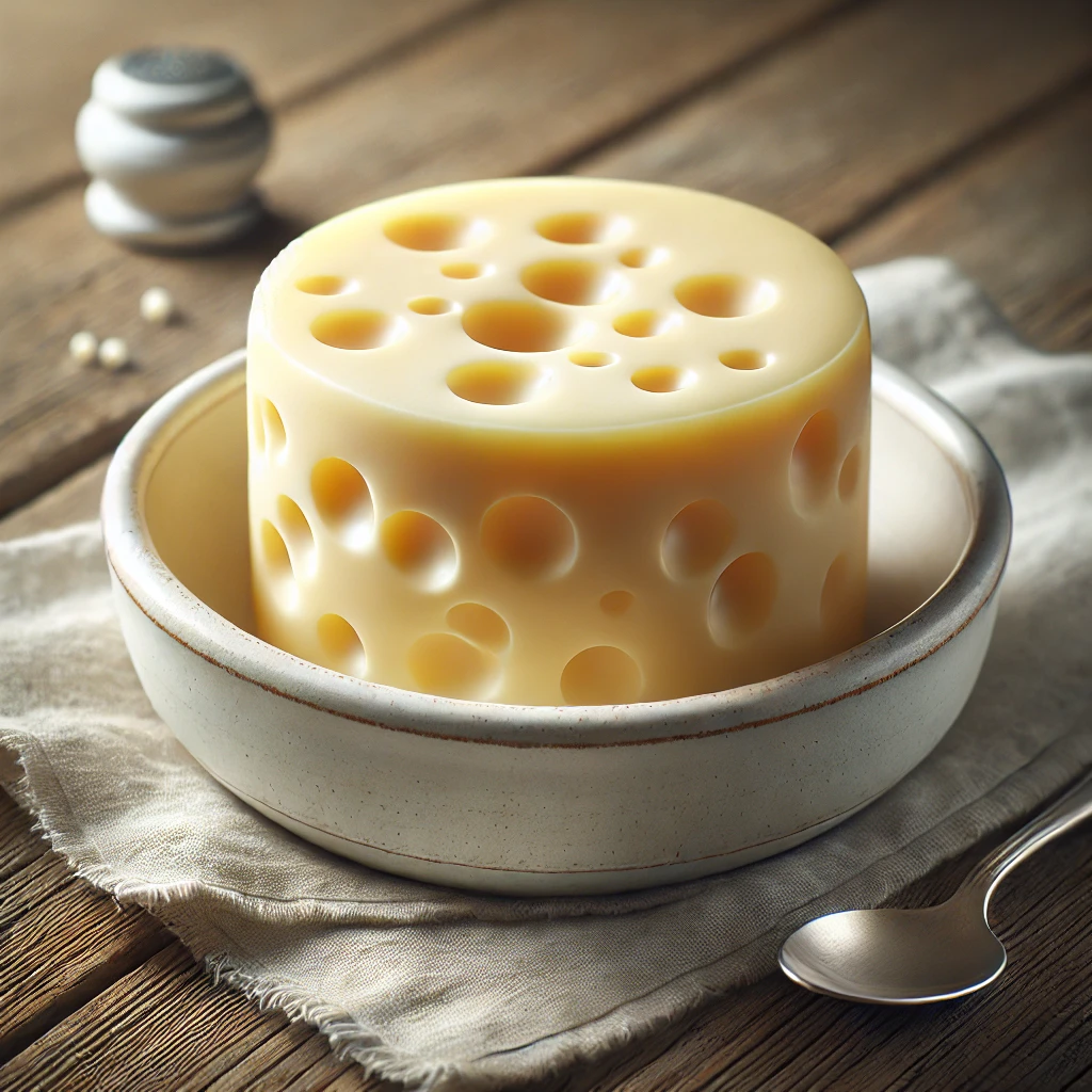 FehÃ©r, lyukacsos textÃºrÃ¡jÃº Emmental sajt egy fehÃ©r kerÃ¡mia tÃ¡lban, rusztikus fa asztalon.