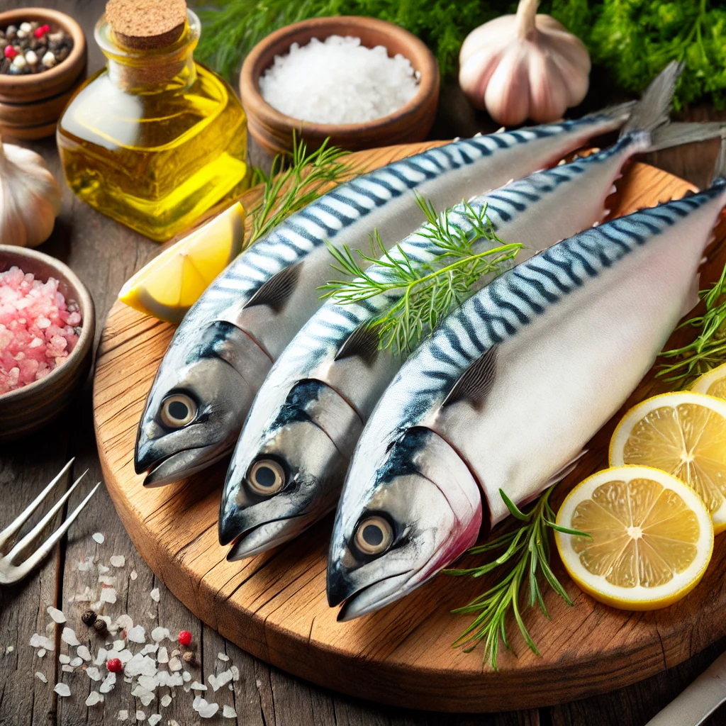 A képen friss fattyúmakréla filék láthatók fa vágódeszkán, körülöttük citromgerezdek, tengeri só, olívaolaj, petrezselyem és kapor.