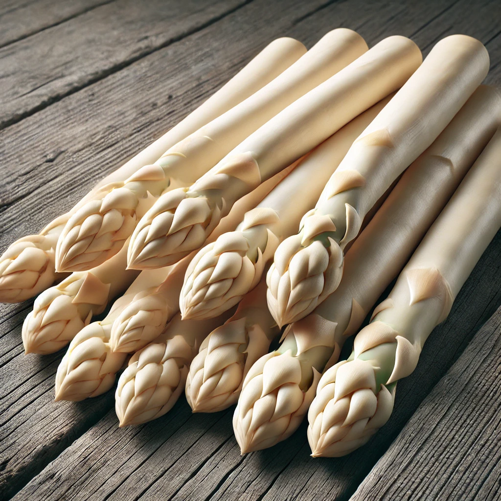 A képen friss, fehér spárga látható, a tisztított szálak elegáns megjelenéssel egy rusztikus fa felületen.