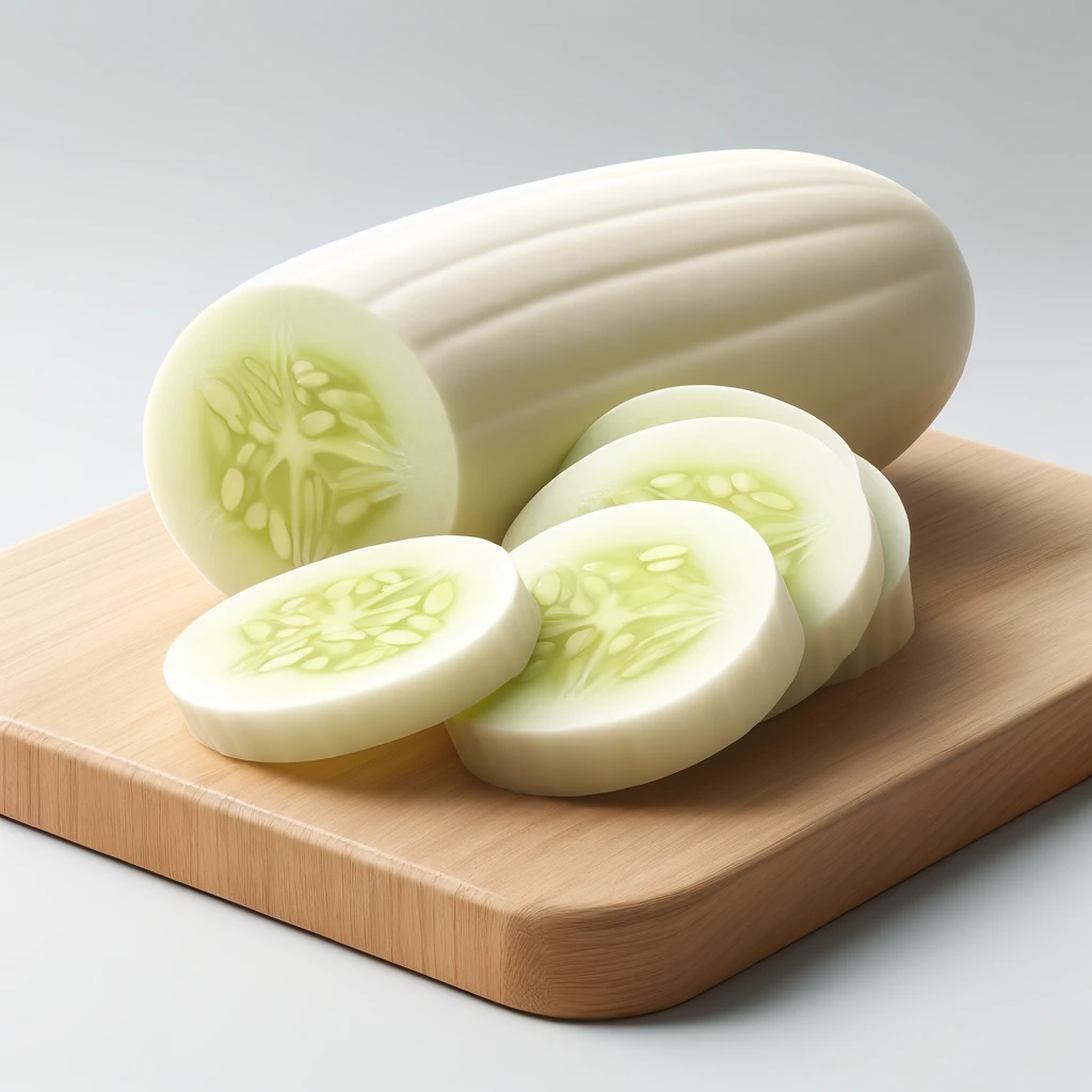 A képen fehér uborka szeletek láthatók egy vágódeszkán, friss, zöldségekkel körülvéve.