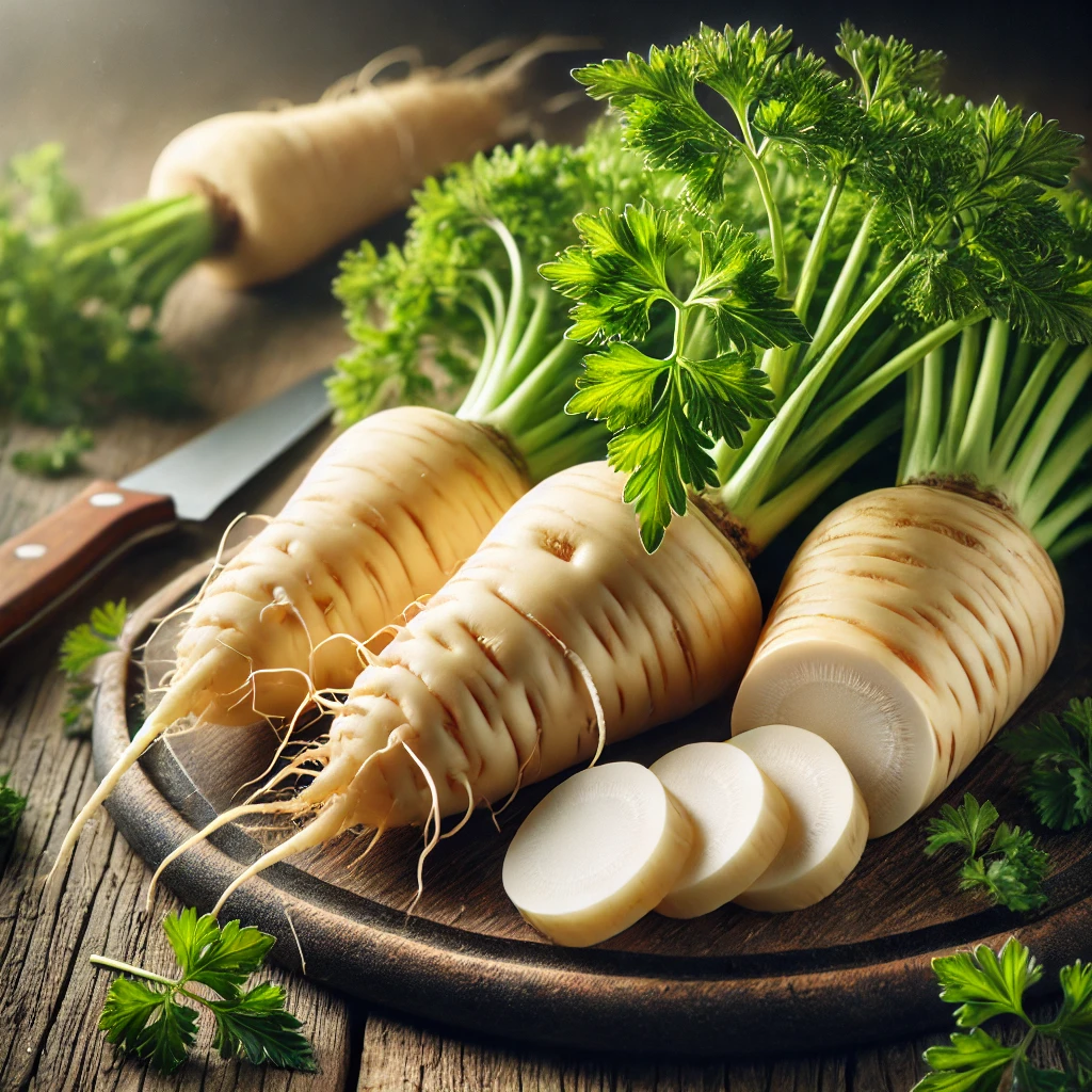 A képen friss, hosszúkás, krémszínű fehérrépák láthatók zöld petrezselyemlevéllel, részben felszeletelve, természetes fényben egy faasztalon.