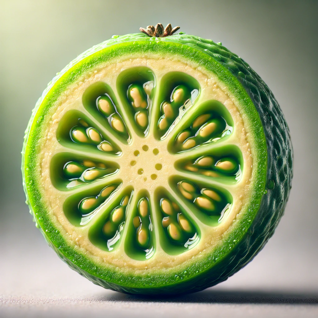 A képen a feijoa gyümölcs bélhúsa látható, amely zöld héjjal és lédús, áttetsző hússal rendelkezik.