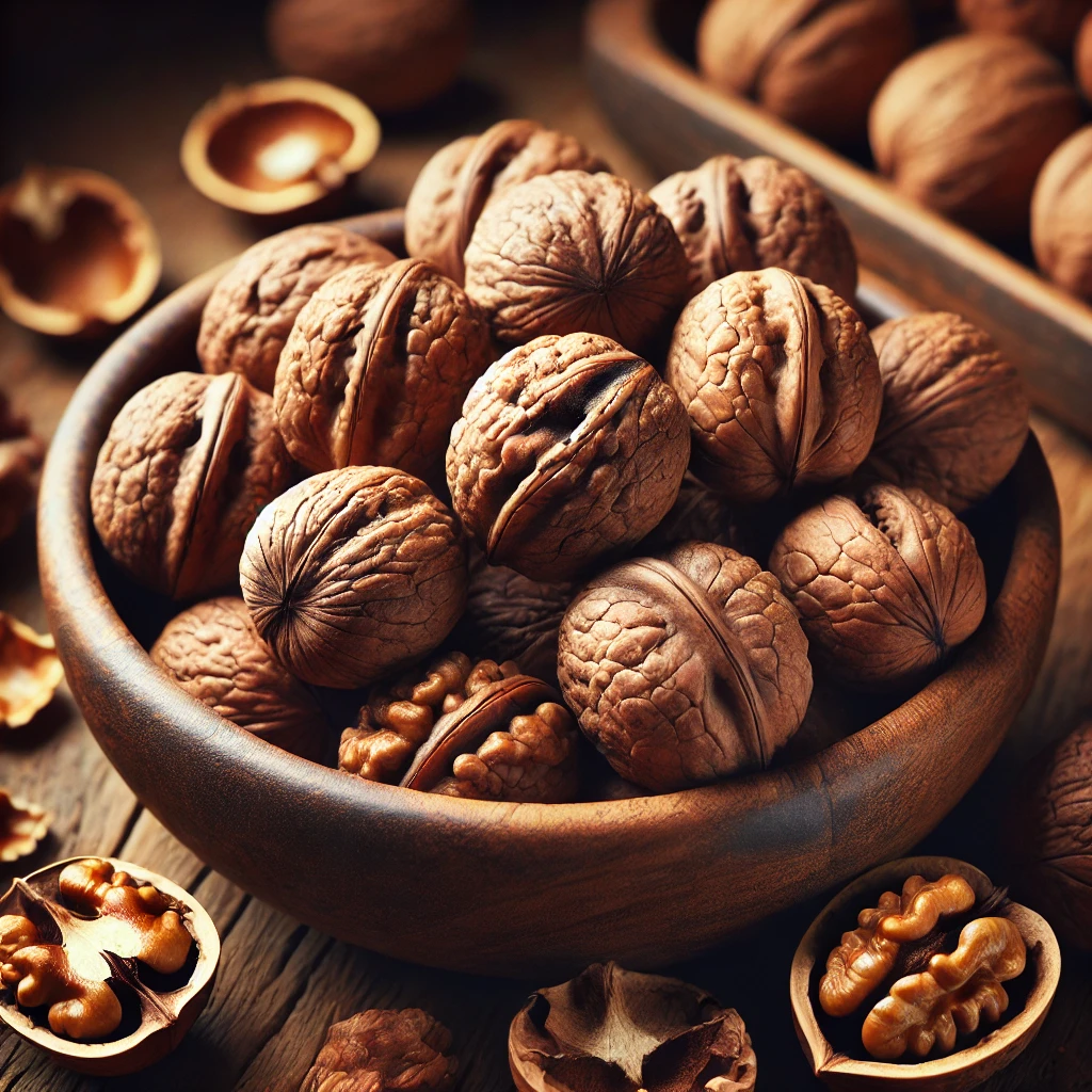 A képen hántolt fekete dióbél (Juglans nigra) látható egy rusztikus tálban, némi héjtöredékkel, természetes környezetben.