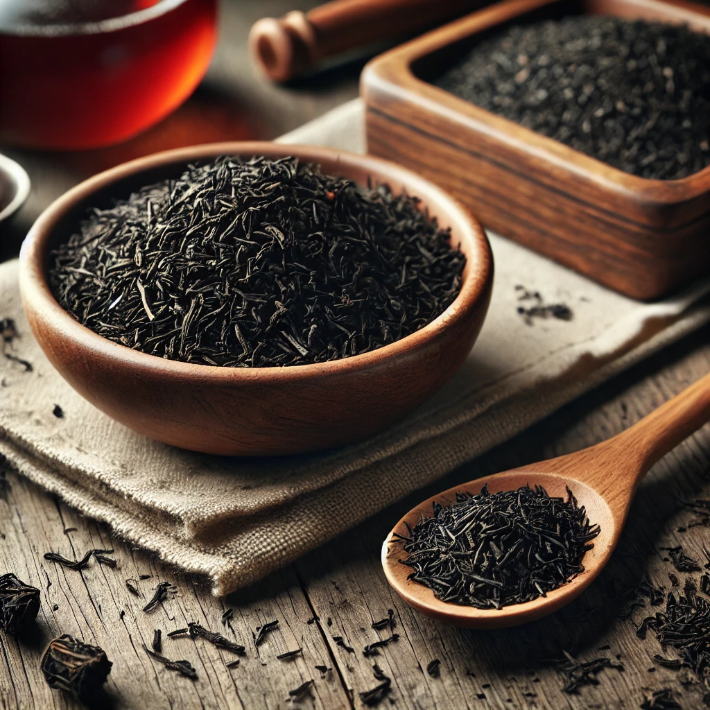 A képen szálas fekete tea látható egy kis tálban, fakanállal és kiszórva egy rusztikus konyhai felületen – csomagolás nélkül.