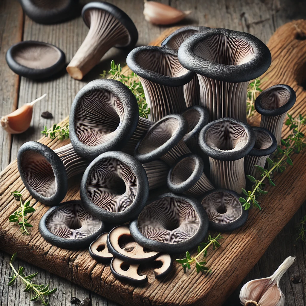 A képen szeletelt fekete trombita gomba (Craterellus cornucopioides) látható, fa vágódeszkán, friss kakukkfűvel és fokhagymával körítve, természetes fényben.