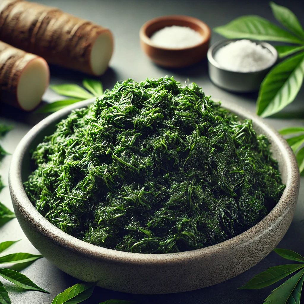 A képen feldolgozott, sötétzöld színű cassava levél (manioka) látható aprítva vagy pépesítve egy konyhai tálban, főzésre előkészítve.