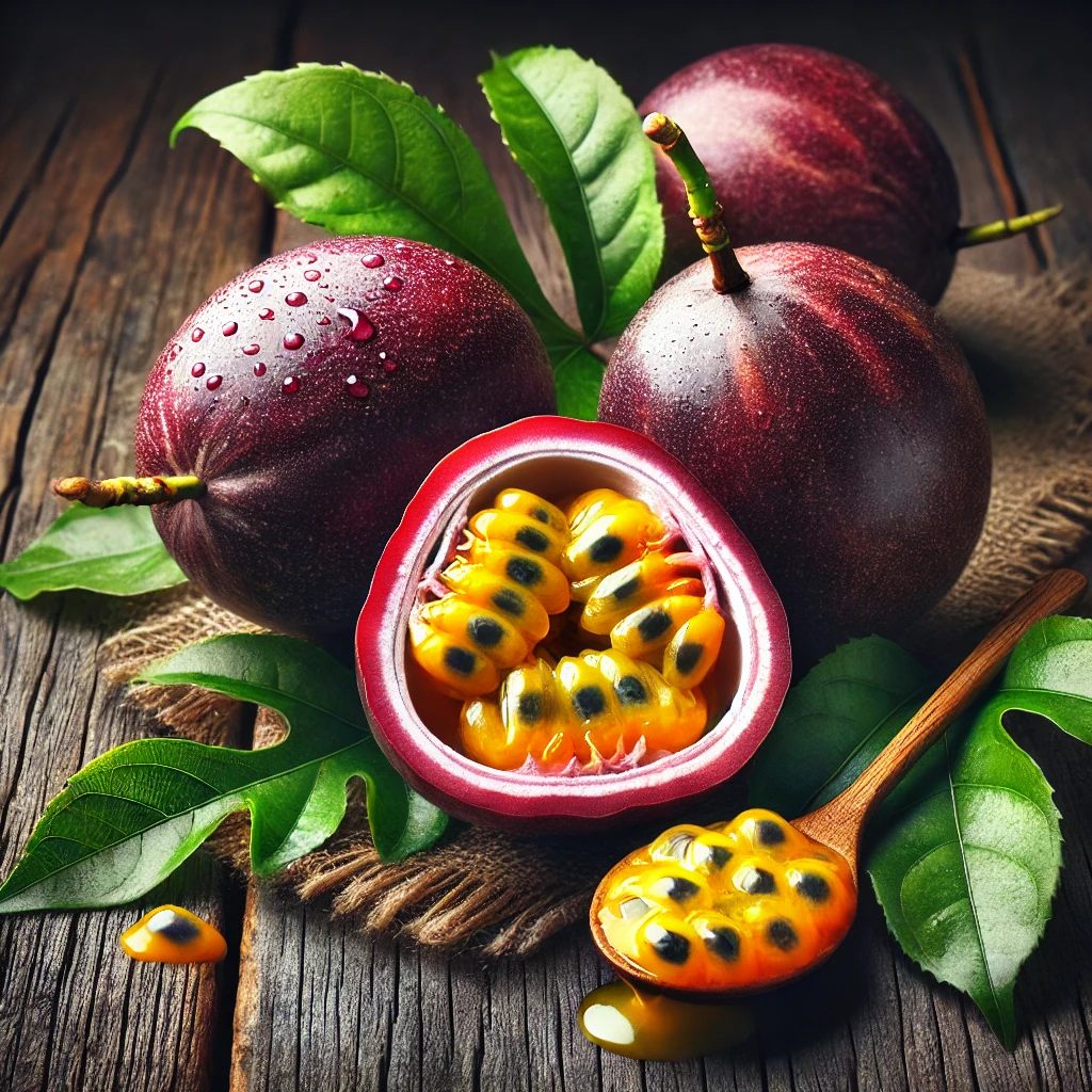 A képen egész és félbevágott maracuja (passiógyümölcs) látható, sárga zselés belsővel és fekete magokkal, természetes faasztalon, zöld levelekkel díszítve.