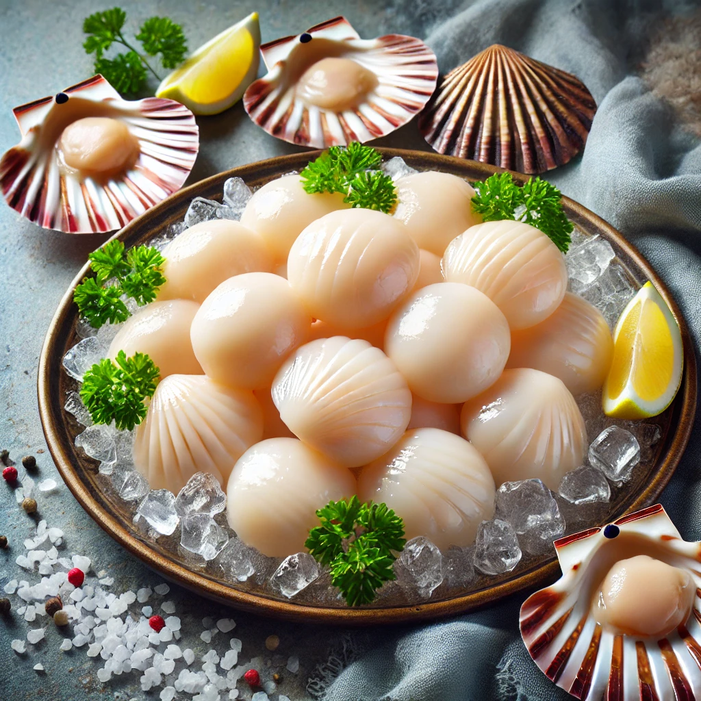 A képen friss, nyers fésűkagyló hús látható jégen, citromgerezdekkel, petrezselyemmel és tengeri sóval, kagylóhéj nélkül, gourmet tálalásban.