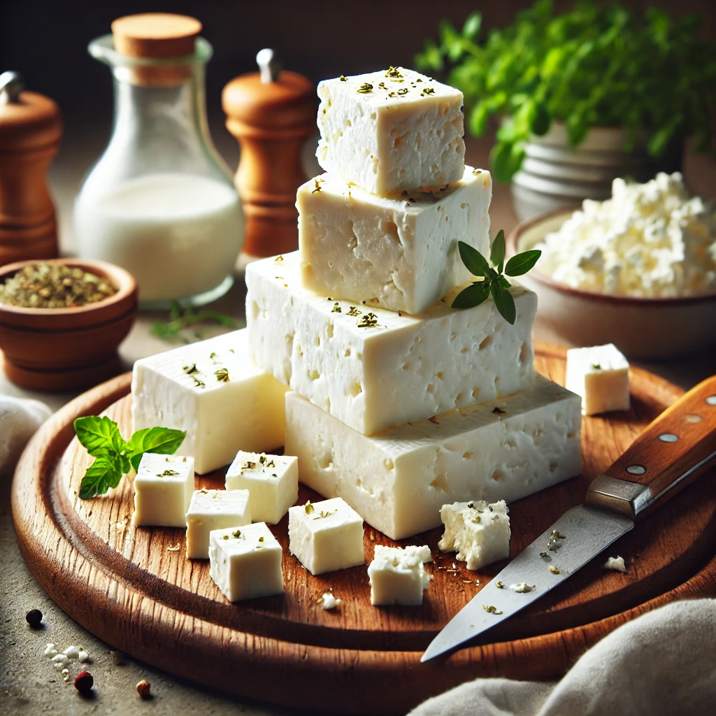 Fotórealisztikus feta sajt világos fa deszkán, kockákra vágva és morzsolva, mellette friss zöldfűszer és sajtvágó kés.