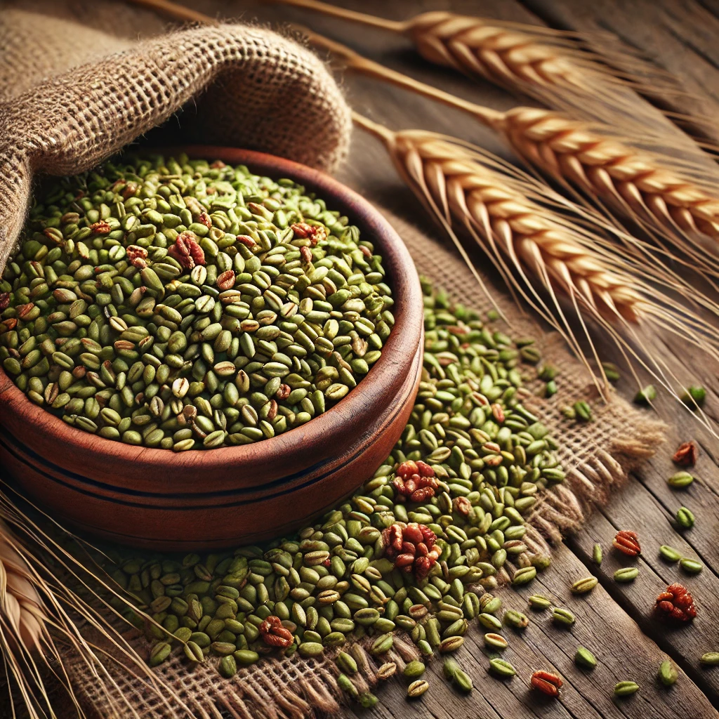 A képen pirított freekeh gabonaszemek láthatók egy zsákból kiömlve, mellette egy tálban főtt freekeh, háttérben száraz búzakalászok.