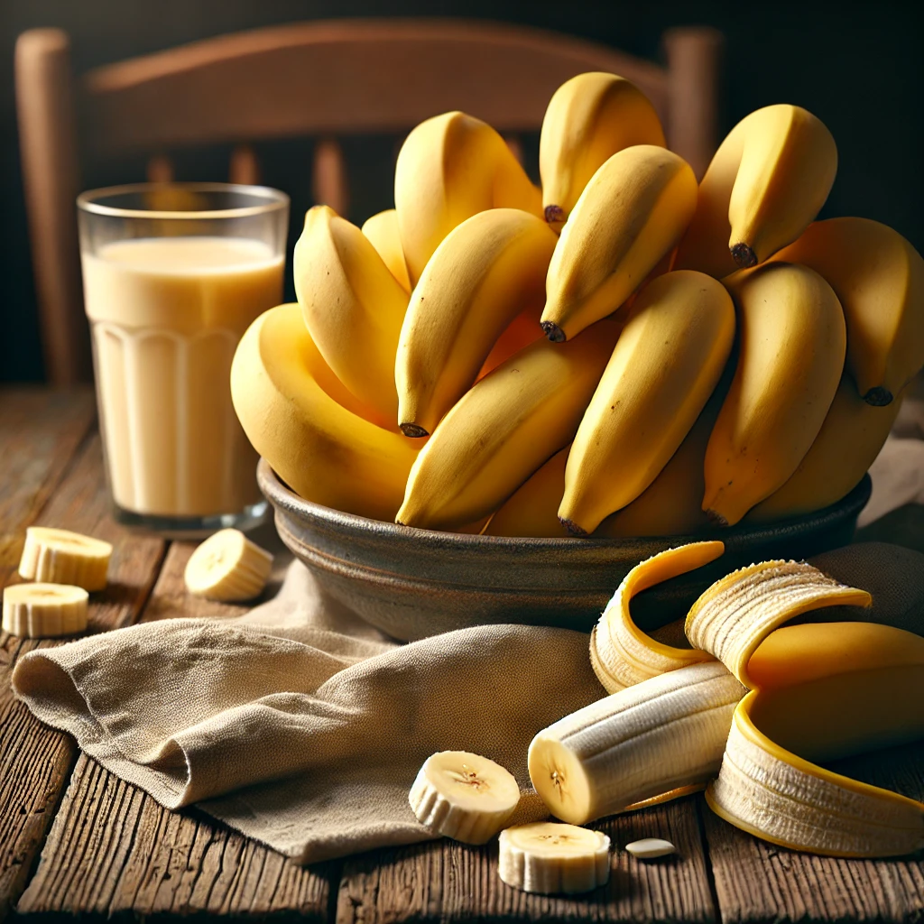 A képen érett banánok láthatók tálban, néhány meghámozva és felkarikázva, mellette smoothie pohár és vászonkendő természetes fényben.