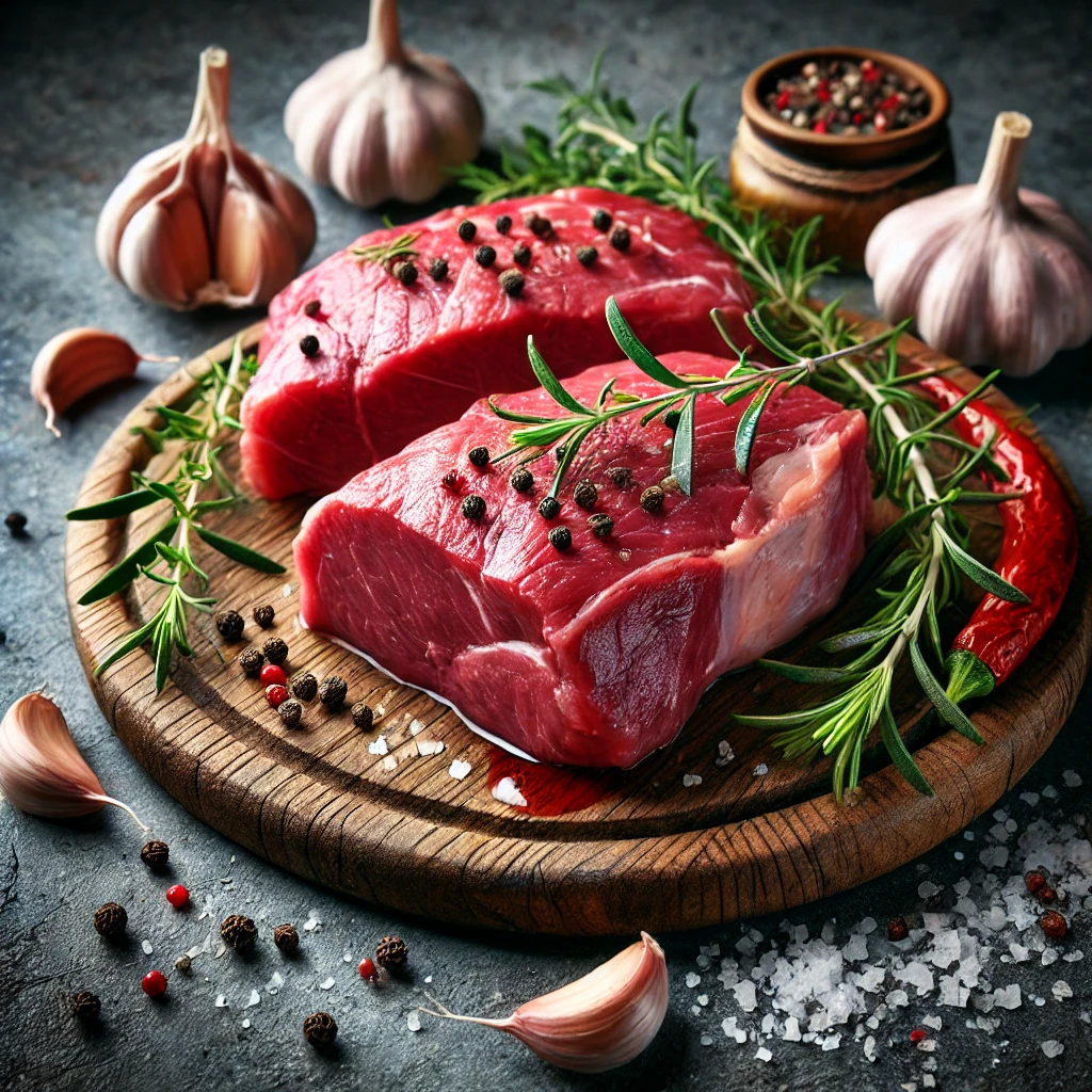 A képen friss, mélyvörös bárányhús darabok láthatók egy fából készült vágódeszkán, körülöttük rozmaring, fokhagyma, kakukkfű és fekete bors.